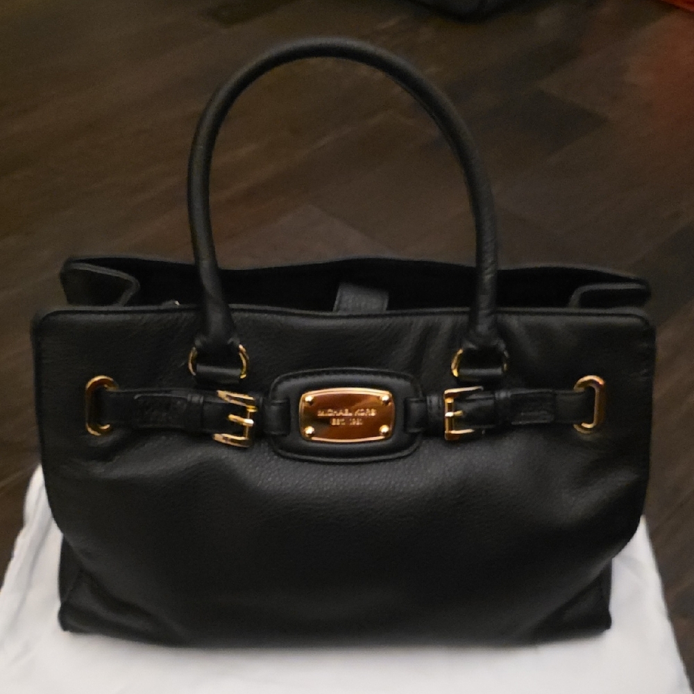 MICHAEL KORS Black Leather Satchel with Gold Accents